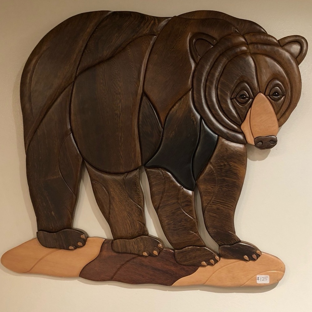 NWT Handcrafted Wooden Large 18” Bear Intarsia Wall Art - Brown & Black